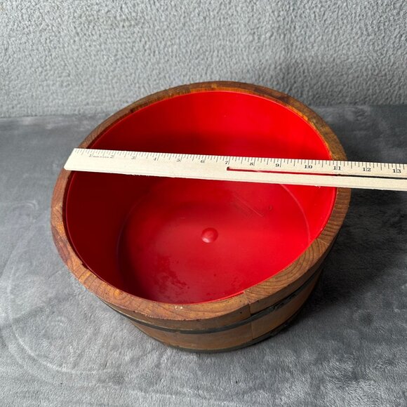 Vintage Paulding & Frost Wooden Popcorn Bowl Red Lined Kitschy Rustic Barrel 11" - Picture 6 of 9